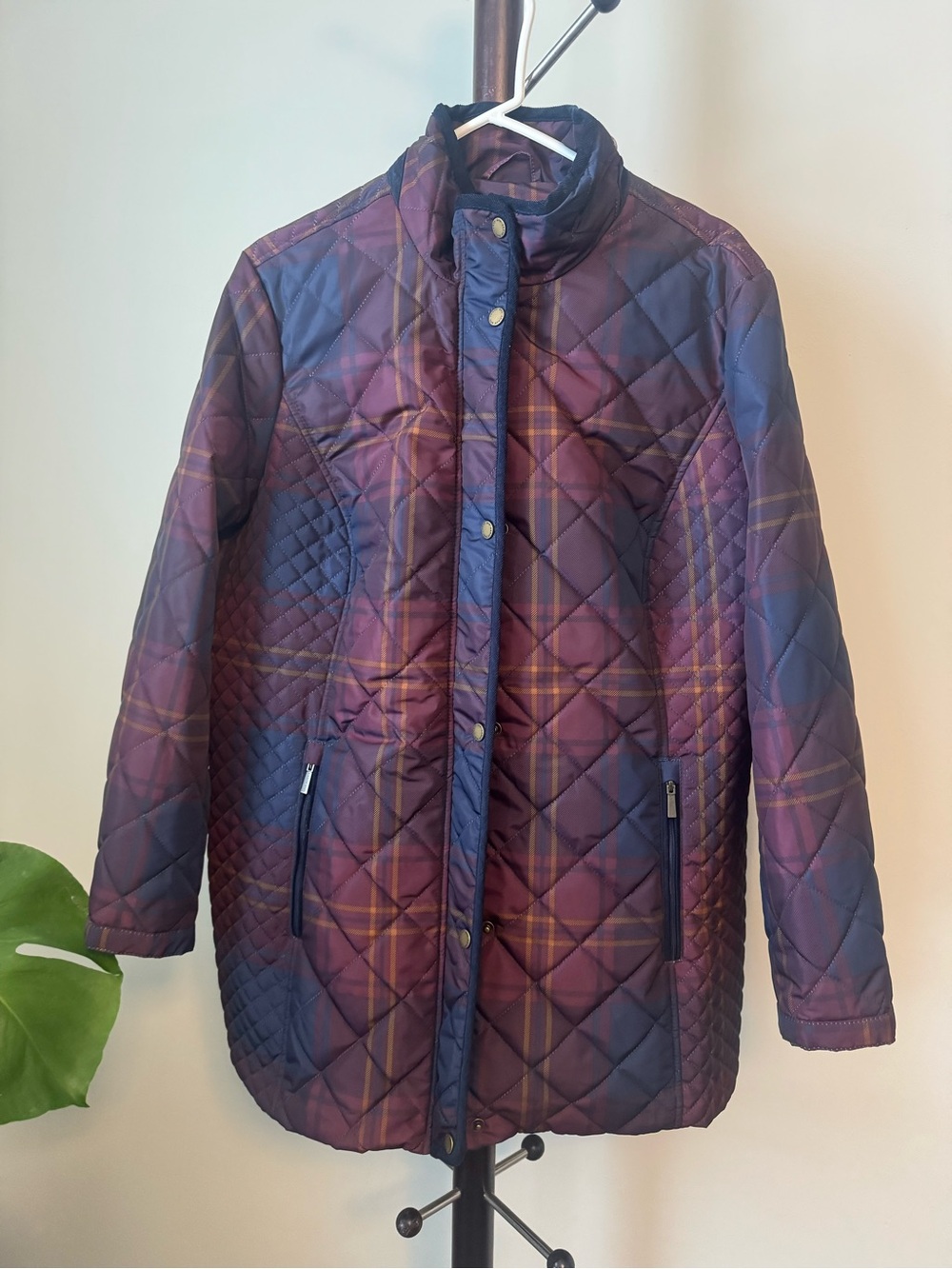 Lands End Quilted Plaid Longline Jacket - Purple - Picture 3 of 8